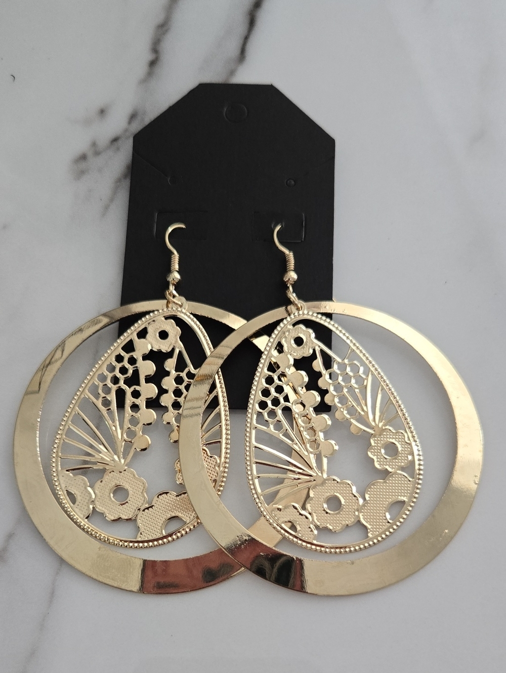 Gold Floral Filigree Hoop Drop Earrings